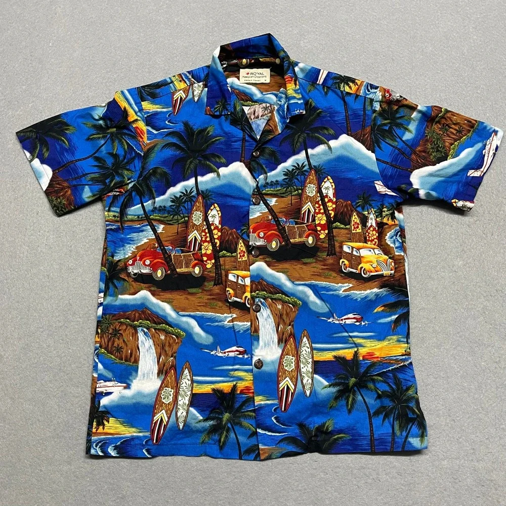 Royal Hawaiian Creations Shirt Mens Medium Blue Tropical Surfboard Classic Cars - Picture 1 of 9